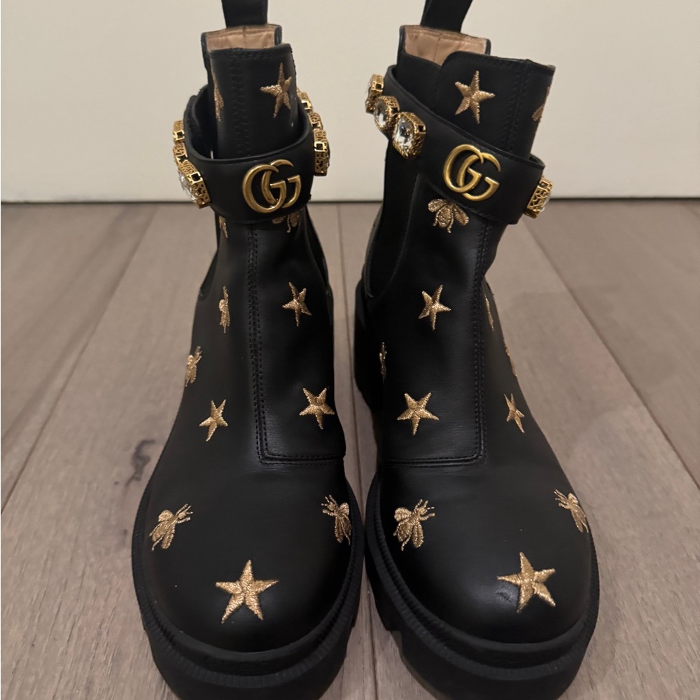 GUCCI Bee Embroidered Leather Booties Black 38.5